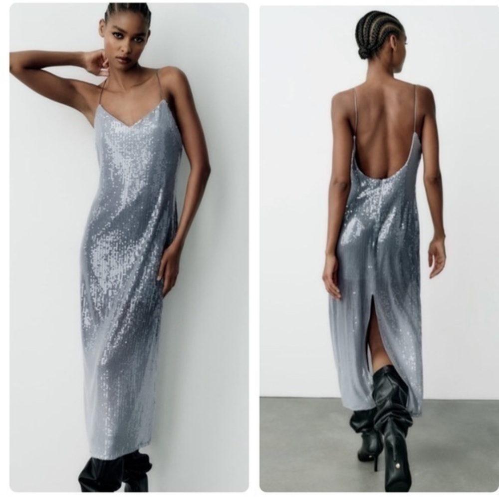 Zara NWT sequin midi dress silver - Picture 2 of 11